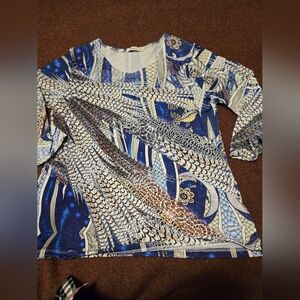 Cactus Size Medium Pheasant Print Blouse In Blue, White And Tan